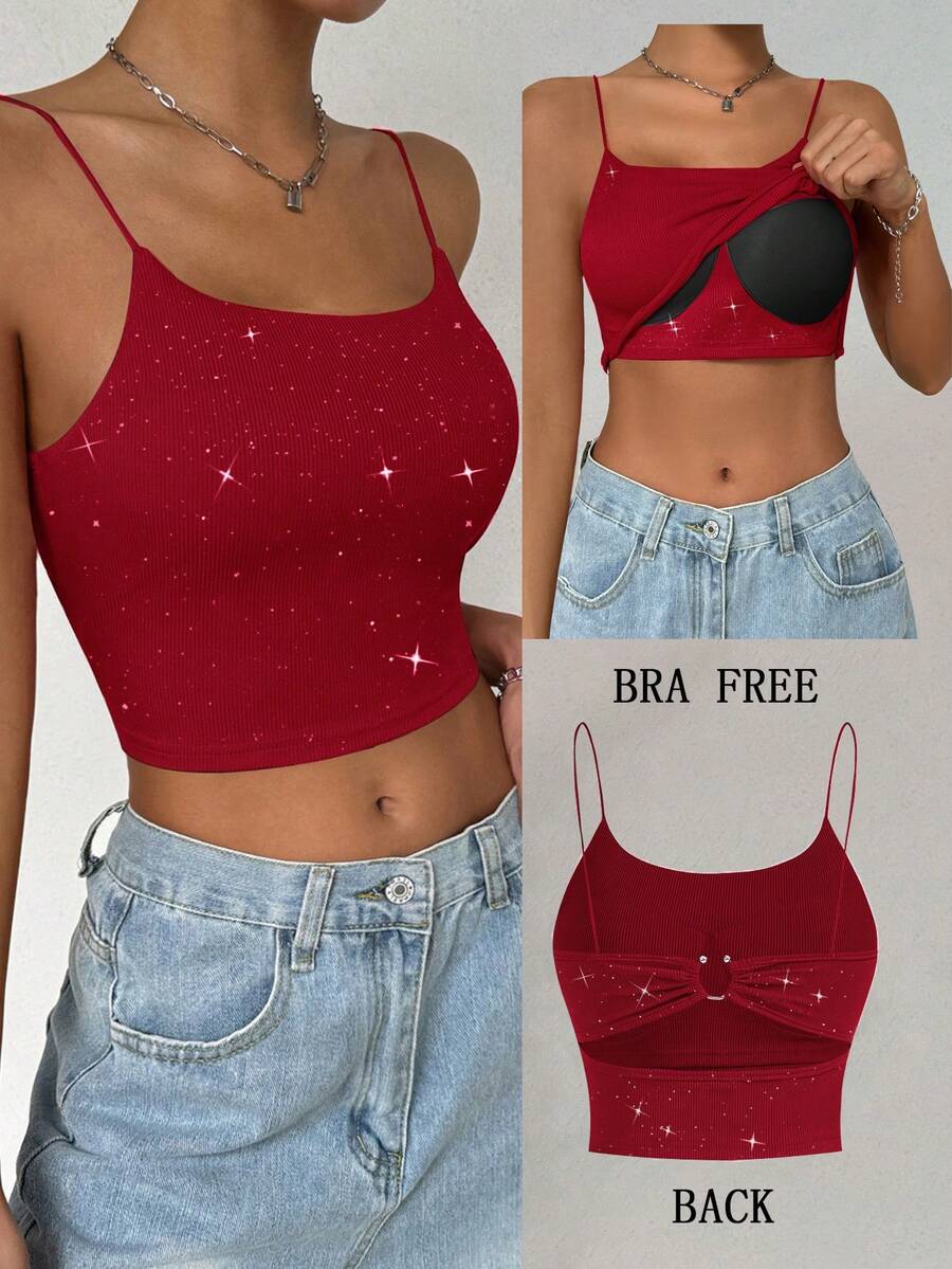 Chiquease Sparkly Glitter Tank Top, Casual And Party Wear, Wire-Free, Halloween,Adjustable Strap, For Women Red Crop Tops Women Tops Crop Glitter Top Women, Christmas - Red - View 1