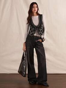 Easelle Áo đen có đinh tán hình ngôi sao năm cánh, lễ hội âm nhạc ngoài trời thú vị, áo kiểu vest - màu đen - Xem 3