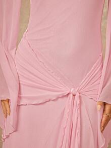 Lumalex Women's Loose Sheer Dress With Tie-Up Sash And Flowy Sleeves - Baby Pink - View 5