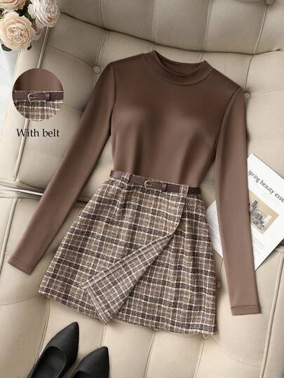  Franclia Fashionable Simple And Elegant Women's Autumn Black Knitted High-Elastic Tight Long-Sleeved Top Women's T-Shirt Bottoming Shirt Paired With French Retro Plaid Fit Skirt Pants Women's Bottoms Women's Skirt With Brown Belt Women's 2-Piece Set Women's Suits Women's Women's Set Women's Autumn Suit Women's Winter Set Women's Suit Skirt Graduation Suit Suitable For Casual Commuting And Versatile Two-Piece Suit Winter Clothes For Women