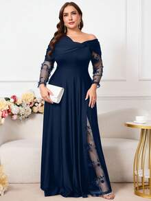 Reflora Plus Size Women Floral Embroidery Mesh Patchwork Asymmetrical Shoulder Elegant Dress - Navy Blue - View 6