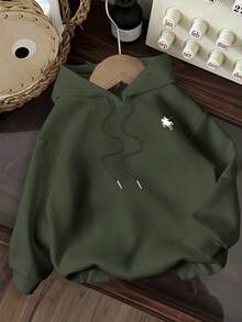 SHEIN EZwear 休闲简约印花图案连帽长袖宽松厚款卫衣，适合秋冬季女士 - 軍綠色 - 查看 7