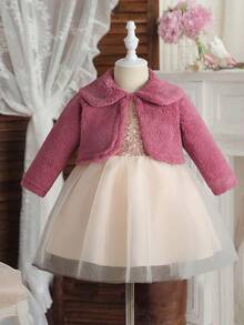 SHEIN 4-7 Years Old Girls Autumn/Winter Fashion Retro New Plush Jacket With Collar & Long Sleeve, Short Design With Hidden Buttons & Beaded Fabric Sleeveless Mesh Skirt Hem Dress 2 Pieces Set - Pink - View 3