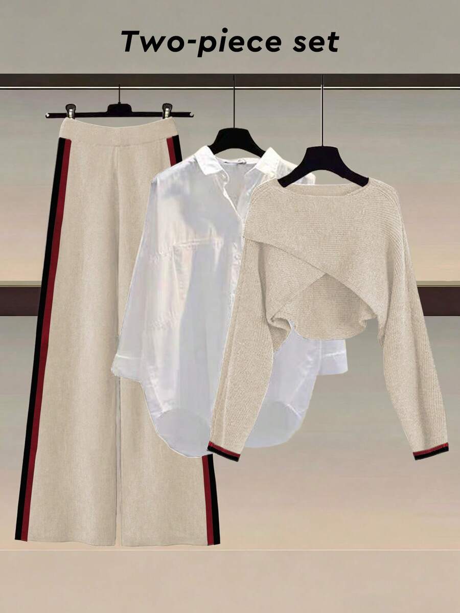 GlowEve 独特小众设计感灰色长袖针织衫，女士新款休闲宽松上衣，搭配条纹阔腿裤，女士针织两件套 - 彩色 - 查看 1