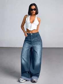 RueChic Jeans amples à taille basse avec poches, style Y2K, pour femmes