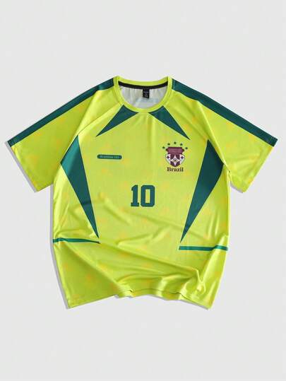 Prep Camiseta de manga corta casual para hombres con estampado de color contrastante de fútbol