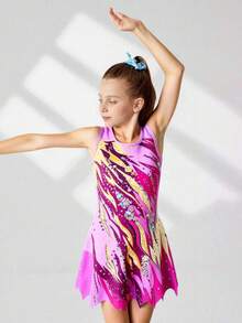 SHEIN 少女无袖印花体操服，舒适亲肤，贴身设计防止走光，适合艺术体操、学校舞蹈比赛等各种场合，秋冬季均适用。 - 彩色 - 查看 5