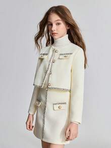 Ontre Tween Girl Lace Patchwork Jacket And Skirt Casual Elegant 2-Piece Set Fall Winter