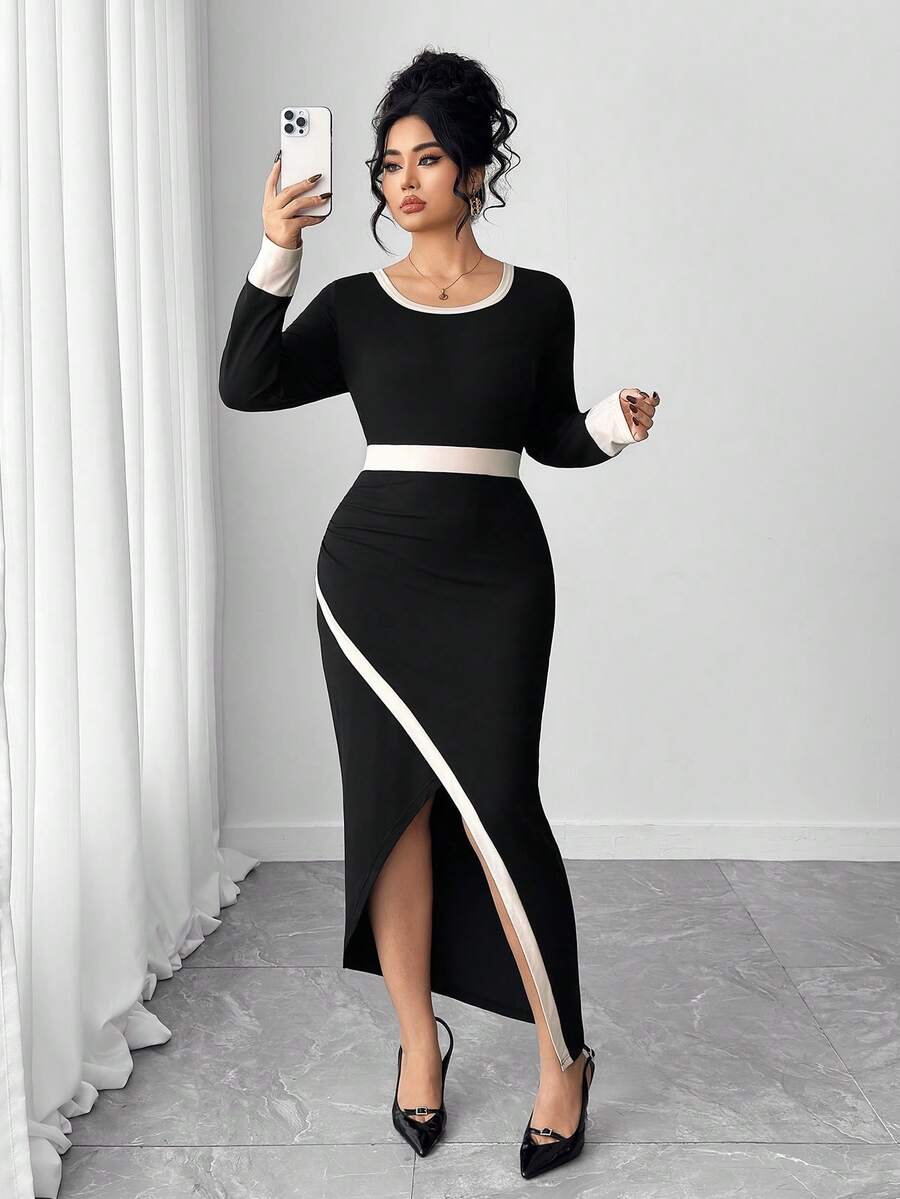 Elenzga Robe élégante et pour femmes avec col rond, manches longues et ourlet fendu en couleurs contrastées - Multicolore - Voir 1