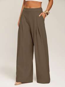 Silquee Women's Casual Solid Color Wide Leg Pants,Fall - Brown - View 5