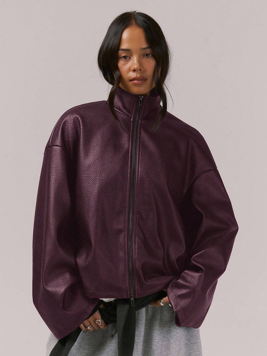 MUSERA Oversized High Neck Faux Leather Full Zip Up Jacket Night Out Winter Outerwear - Burgundy - View 1