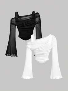 SHEIN MOD 2pcs/Set White And Black Asymmetric-Shoulder Bell Sleeve T-Shirts - Black and White - View 2