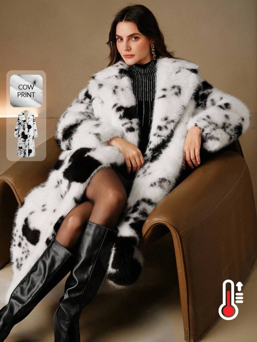 Anewsta 女士时尚休闲长款人造毛领宽松奶牛印花白色外套 - 黑與白 - 查看 1