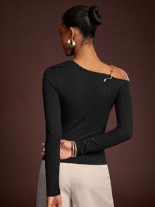 L'Amorae Women's Hollow Out Shoulder Fitted Sexy Blouse - Black - View 5