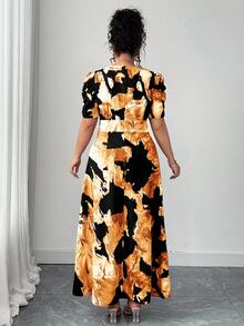 Elenzga Plus Size Elegant Princess Sleeve V-Neck Pleated Dress Cheetah Print Plus Size - Black - View 2