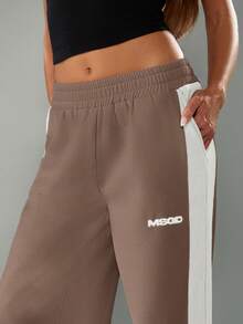 MISSGUIDED Quần nỉ ống rộng cạp chun co giãn sọc hai bên quần chạy bộ thường ngày mặc nhà thu đông - màu nâu - Xem 4