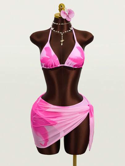 Zestiva Conjunto de bikini de 3 piezas con estampado floral, escote halter y espalda con lazo, para vacaciones en la playa