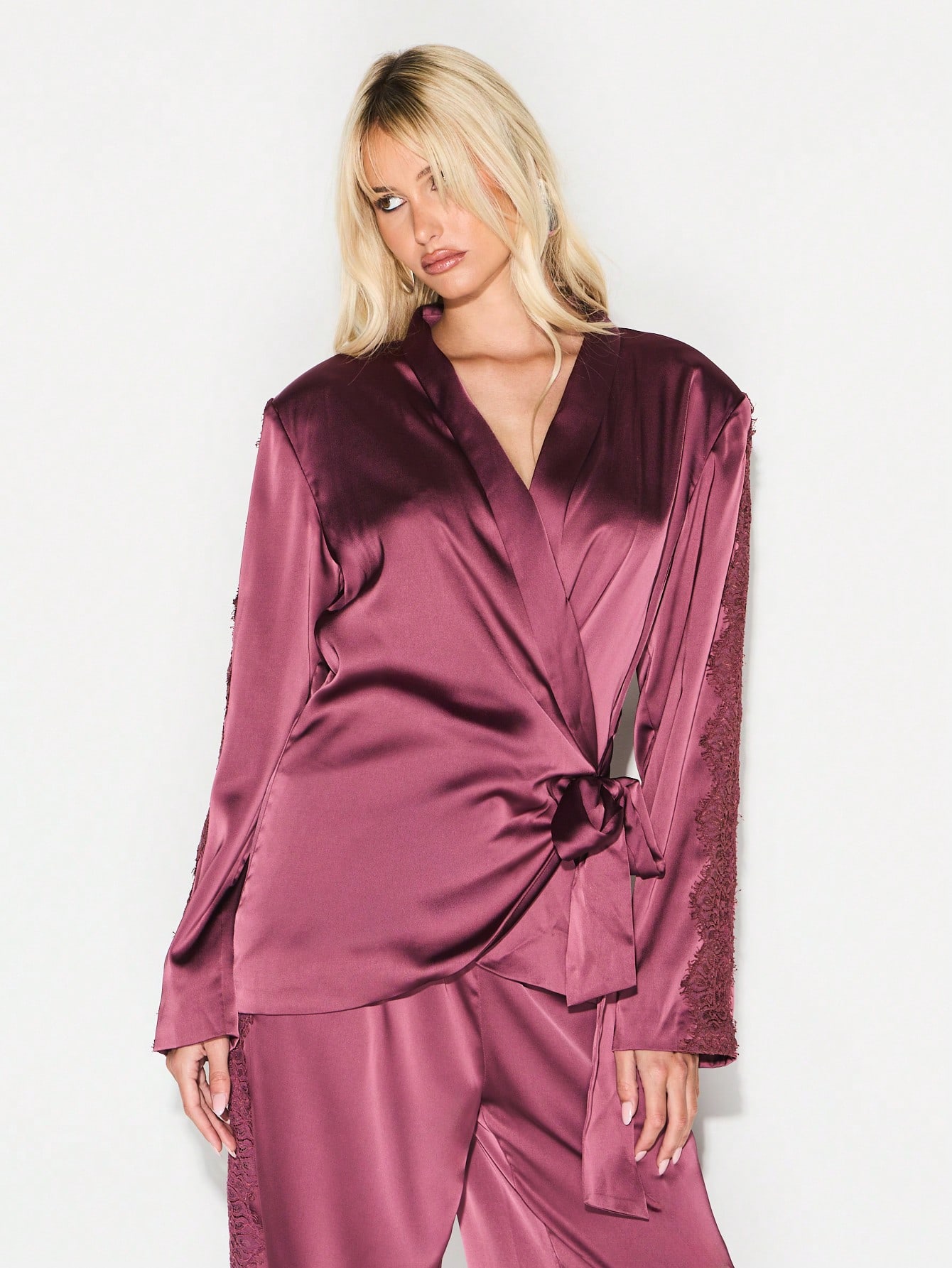 KIZN Satin Wrap Blouse With Lace Trim