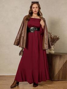 SHEIN LUNE Plus Size Women's Solid Color Ruffle Off Shoulder Long Sleeve Fashion Dress/Christmas - Burgundy - View 2