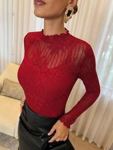 Lavishia Women's Lace Patchwork See-Through Stand Collar Long Sleeve Top ,Halloween Customs Women,Red Tops For Women - Red - View 3