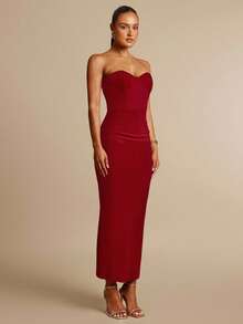 Silquee This Stylish And Sexy Solid Red Strapless Midi Dress With Bust Detailing Is The Perfect Choice For Fall. The Fitted Cut And Strapless Design Make It Suitable For A Variety Of Occasions, Including Valentine's Day, Christmas, Dates, Outings, And Nightclub Parties. It's Also An Elegant Party Dress, Ideal For Parties, Dates, Outings, And Nightclub Events. Dinner Date Dress Red Bustier Dress Sweetheart Neckline Dress - Red - View 6
