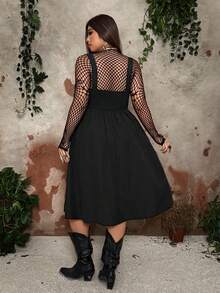 Whyspr Top con corpiño bordado de trigo negro con falda acampanada de cintura alta, estilo gótico vintage punk con tirantes de lazo