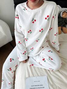SHEIN Women's Autumn/Winter Cozy Cherry Print Crew Neck Long Sleeve Top & Pants Pajama Clothes Set , Fluffy - Multicolor - View 4
