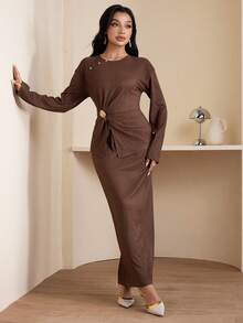 Veilorie 全新设计金属装饰腰部收紧褶皱优雅别致西装 - 棕色 - 查看 2