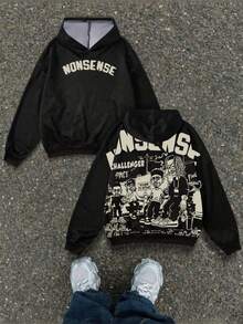 SHEIN Tween Boy Black Autumn Oversized Holiday Back-To-School Graphic Print Sweatshirt,Y2k Grunge Clothes Hip Hop Street-Style "Nonsense" Cartoon Hooded - Black - View 3