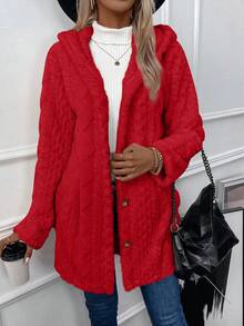 SHEIN LUNE Women's Solid Color Hooded Front Button Long Sleeve Regular Jacket, Autumn/Winter - Red - View 4