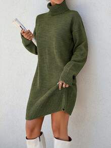 EURMUSE Women Solid Color Loose Turtleneck Drop Shoulder Sweater Dress, Autumn/Winter - Army Green - View 3