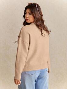 Elaquor 大码休闲法式简约宽松粉色针织开衫毛衣，适合秋冬季穿着。 - 杏色 - 查看 2