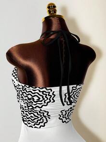 Mistrie 女式优雅性感度假风波浪印花交叉系带紧身连衣裙，夏季 - 白色 - 查看 4