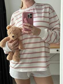 CovetEZ 春夏白色条纹印花落肩卫衣连帽衫，秋冬款 - 粉色 - 查看 6