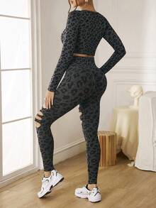 SHEIN Sports 女士豹纹镂空长袖T恤和紧身裤运动套装 - 灰色 - 查看 2