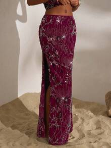 Opulessa Falda casual de unicolor con bordado de cola de pez para mujeres - Rojo violeta - Ver 3