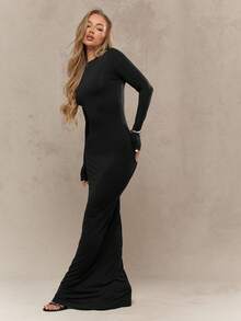 MISSGUIDED Đầm Maxi Ôm Body Tay Dài Cổ Tròn Dài Đến Sàn Đầm Dạ Hội Ôm Dáng Cho Mùa Thu Đông - màu đen - Xem 4