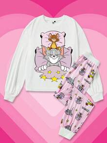 TOM & JERRY X SHEIN Women's Casual Cute Comfortable Cartoon Cat Print Cute Long Sleeve Top And Pants Valentine Pink Pajama Set, For Spring/Summer, Fall Winter Clothes - White - View 4