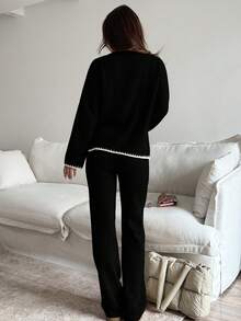 SHEIN Unity 2pcs/Set Women Contrast Trim Stand Collar Sweater And Pants Set, Casual Fall Winter Cloth For Women - Black and White - View 2