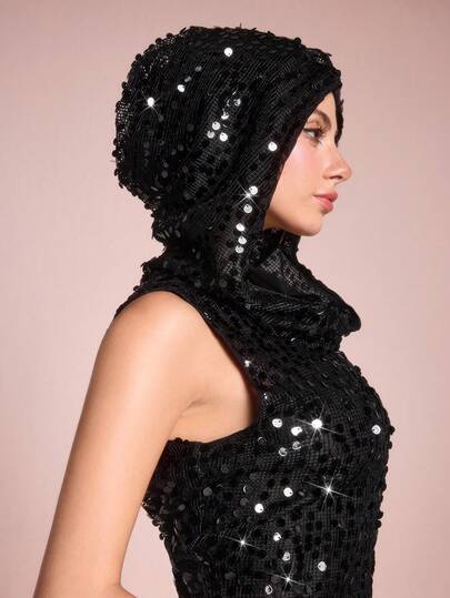 ROMWE Avant Blusa transparente con capucha, tejido y lentejuelas con efecto desgastado del estilo Y2K