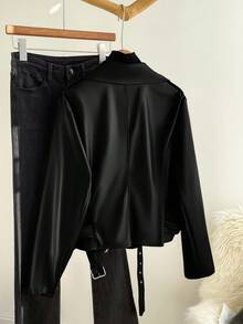 CosyJoli 大码女装秋冬春装时尚休闲宽松基础款黑色长袖PU皮夹克外套，Y2K风格，街头风，春季，女式外套，2000年代风格，迪斯科秋冬 - 黑色 - 查看 2