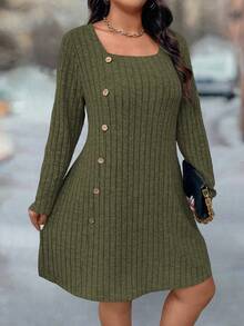 Đầm dài tay cổ vuông màu trơn cỡ lớn, dáng rộng, thường ngày - xanh quân đội - Xem 6