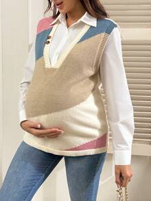 SHEIN Women Loose Fit Colorblock Deep V-Neck Faux Button Casual Maternity Sweater Vest - Multicolor - View 3