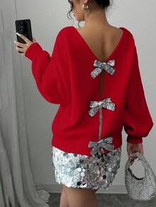 Elenzga Women's Casual Sequin Bow Decor Loose Fit Long Sleeve Sweater - Red - View 2