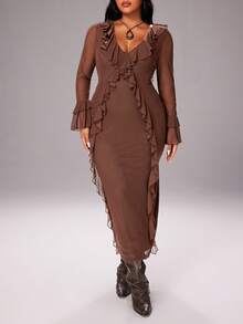 Rustia Sexy V-Neck Ruffle Patchwork Slim Fit Mini Dress - Brown - View 4