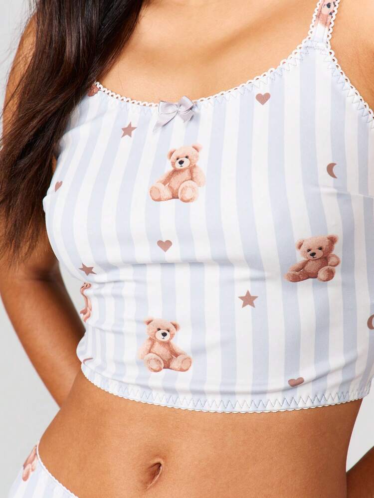 MISSGUIDED 크리스마스 베어 프린트 스트라이프 레이스 트림 세트