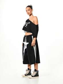 SUMWON WOMEN Off Shoulder Gothic Print Cropped Top With Raw Edge Details - Black - View 4