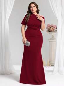 Coutiva Plus Size Women Rhinestone Decor Ruched Oblique Shoulder Short Sleeve Formal Evening Gown - Redwood - View 3