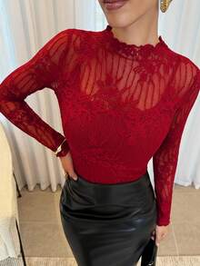Lavishia Women's Lace Patchwork See-Through Stand Collar Long Sleeve Top ,Halloween Customs Women,Red Tops For Women - Red - View 1