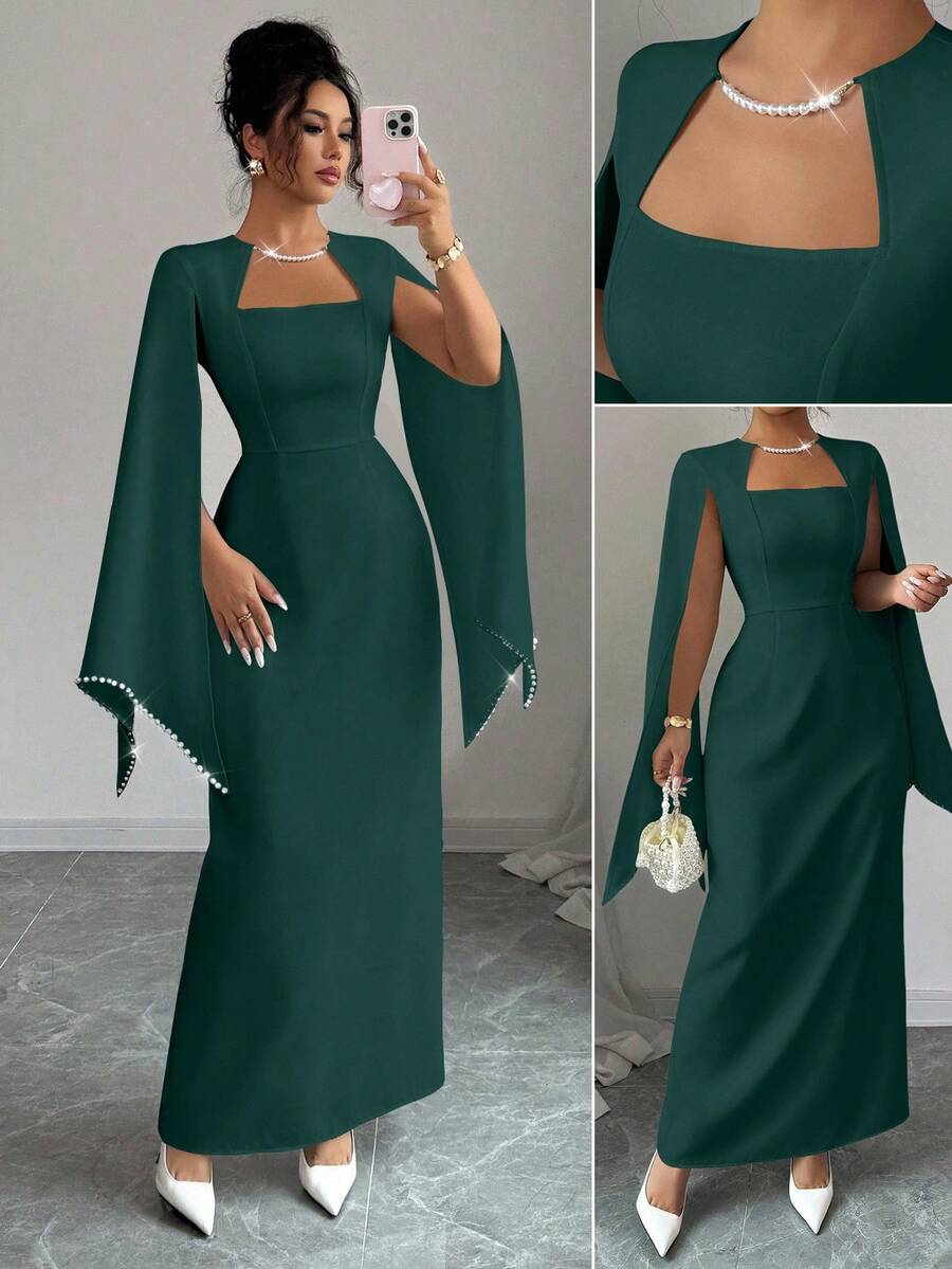 Elenzga Váy suông thẳng cổ vuông thanh lịch dành cho nữ, thắt eo, đính chuỗi ngọc trai ở cổ tay áo, thích hợp cho đám cưới, tiệc tùng, lễ hội âm nhạc - Màu xanh lá cây đậm - Xem 1